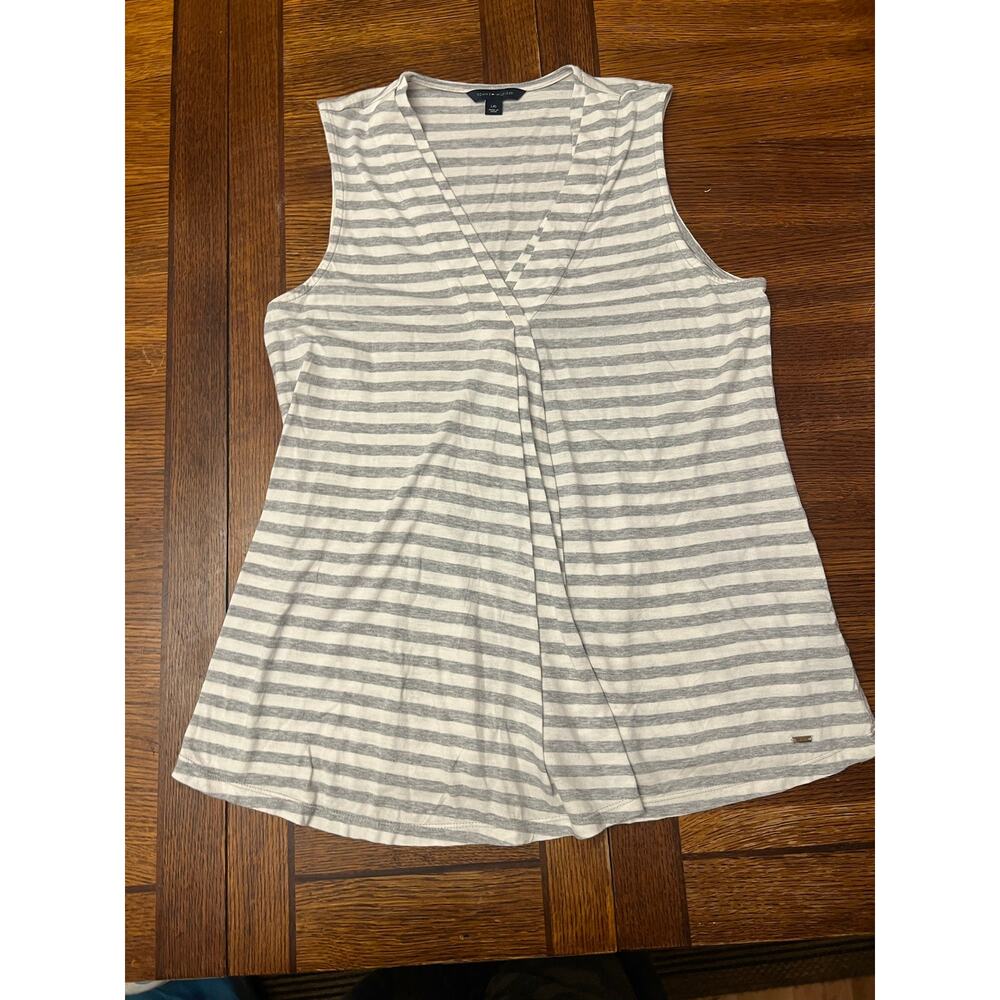 Tommy Hilfiger Striped V-Neck Tank Top L Grey White Pleated Front Summer Coastal - Picture 5 of 12